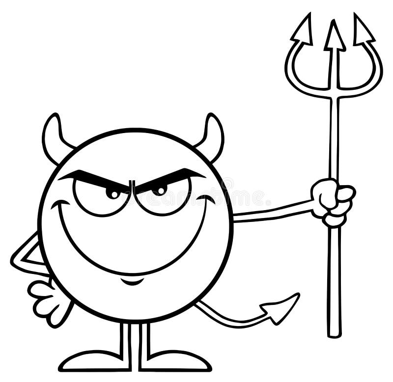 Carácter blanco y negro de Emoji de la historieta del diablo que sostiene un bieldo ilustración del vector Carácter blanco y negro de Emoji de la historieta del diablo que sostiene un bieldo ilustración del vector