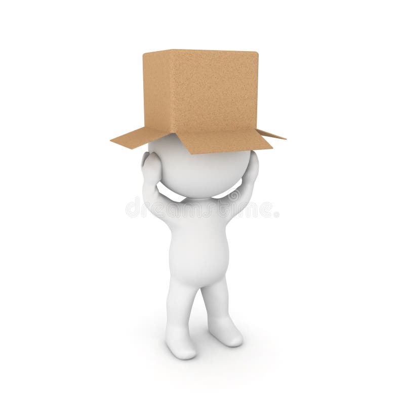 3D Character distressed with a cardboard on his head. Isolated on white. 3D Character distressed with a cardboard on his head. Isolated on white.