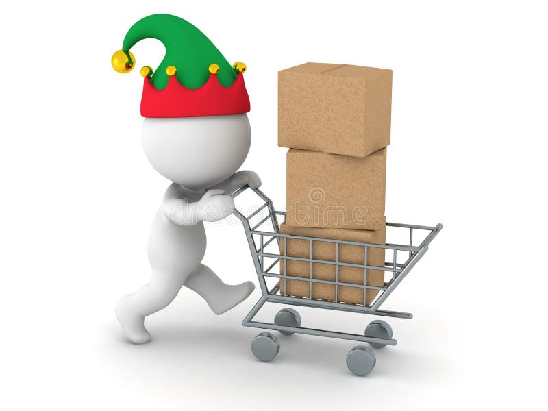 Carácter 3D con el sombrero del duende con las cajas de cartón en carro de la compra ilustración del vector