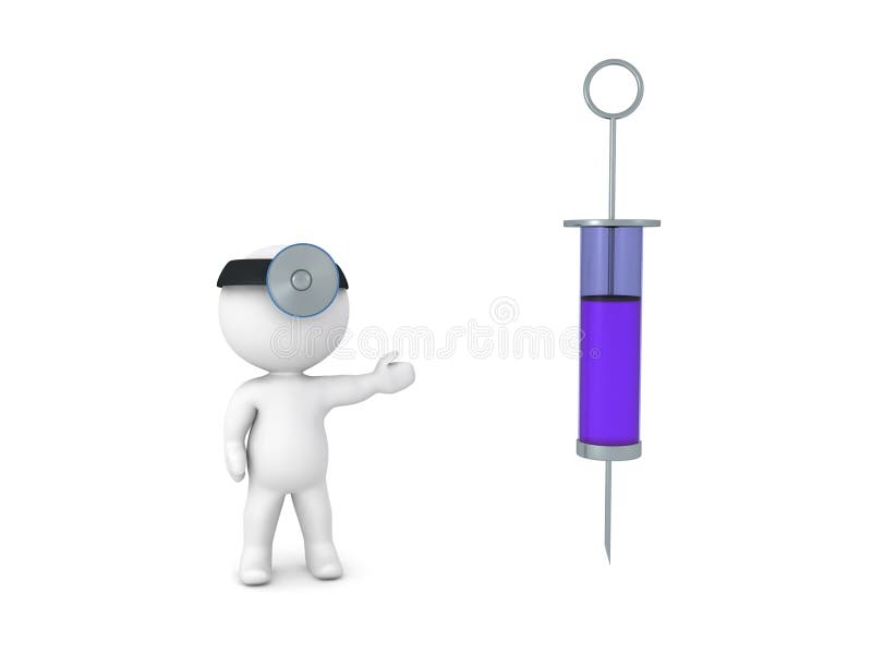 carácter 3D vestido como doctor que muestra la jeringuilla grande ilustración del vector carácter 3D vestido como doctor que muestra la jeringuilla grande ilustración del vector