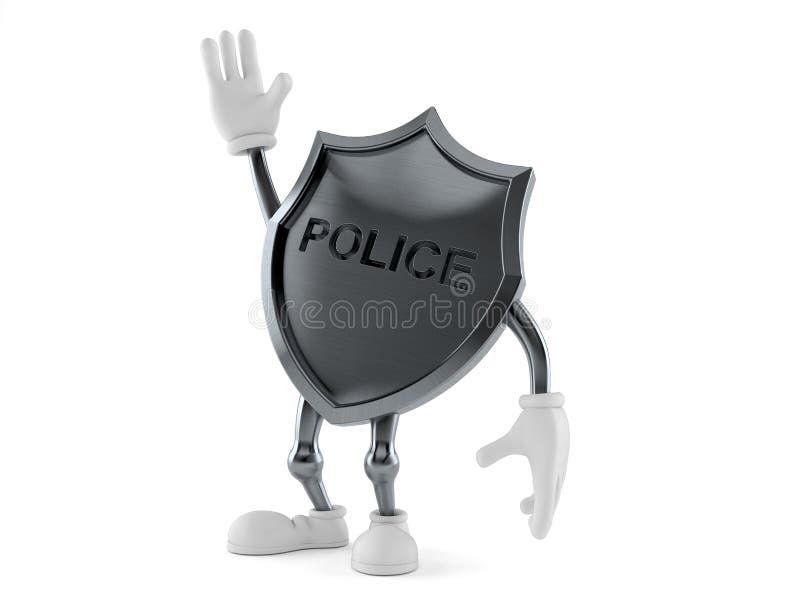 Carácter de la insignia de la policía con la mano para arriba ilustración del vector Carácter de la insignia de la policía con la mano para arriba ilustración del vector