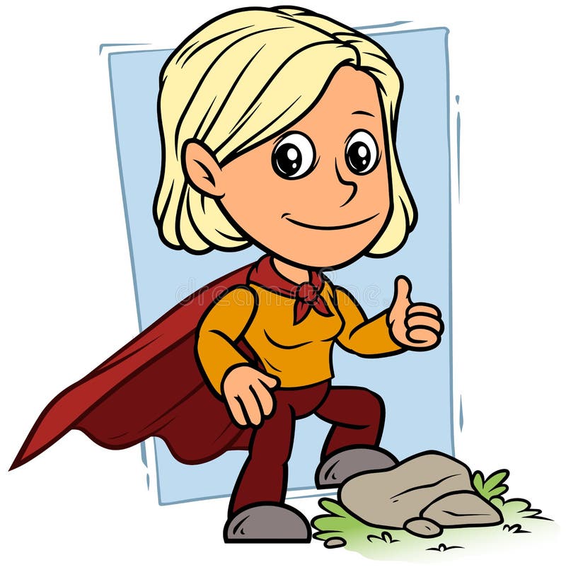 Carácter de la muchacha de la historieta en cabo rojo del super héroe stock de ilustración Carácter de la muchacha de la historieta en cabo rojo del super héroe stock de ilustración