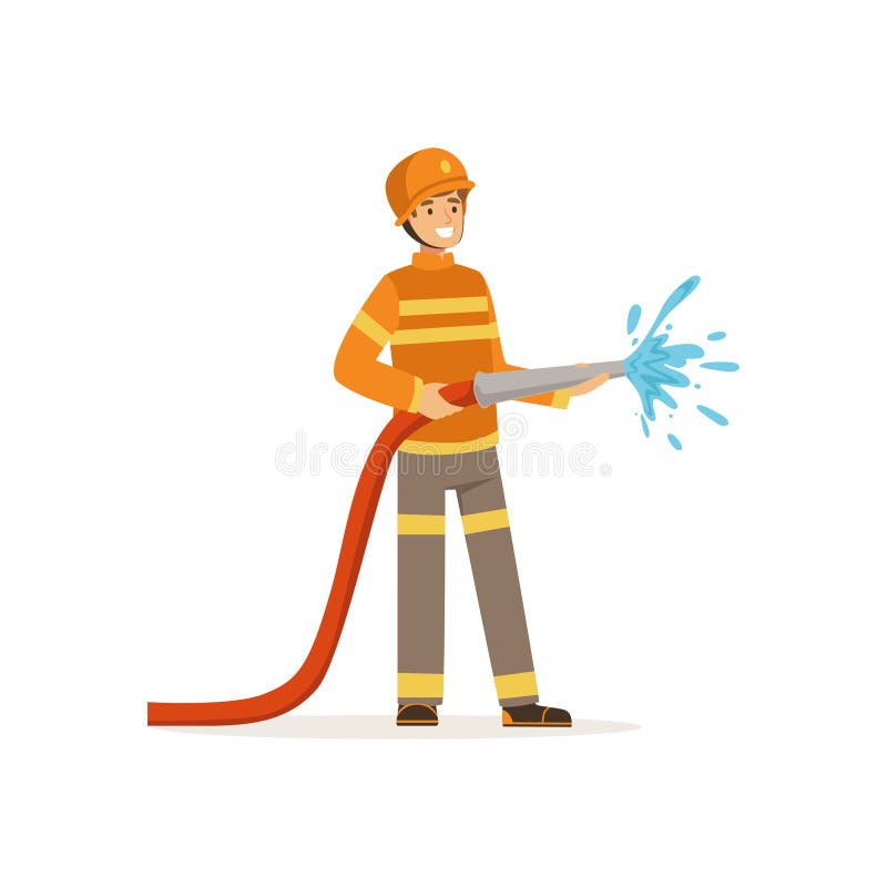 Carácter del bombero que sostiene la manguera que extingue el fuego con agua, bombero en el ejemplo del vector del trabajo libre illustration