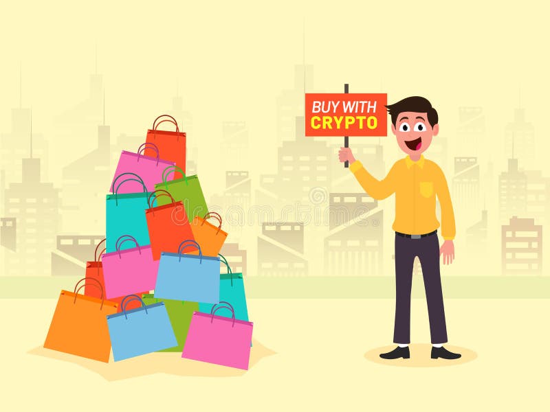 Carácter feliz del hombre que sostiene una bandera con la compra del texto con Crypto ilustración del vector Carácter feliz del hombre que sostiene una bandera con la compra del texto con Crypto ilustración del vector