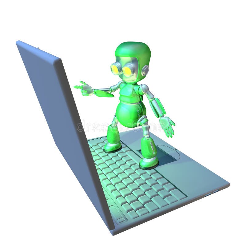 Carácter lindo de la robusteza 3d que se coloca en una computadora portátil libre illustration