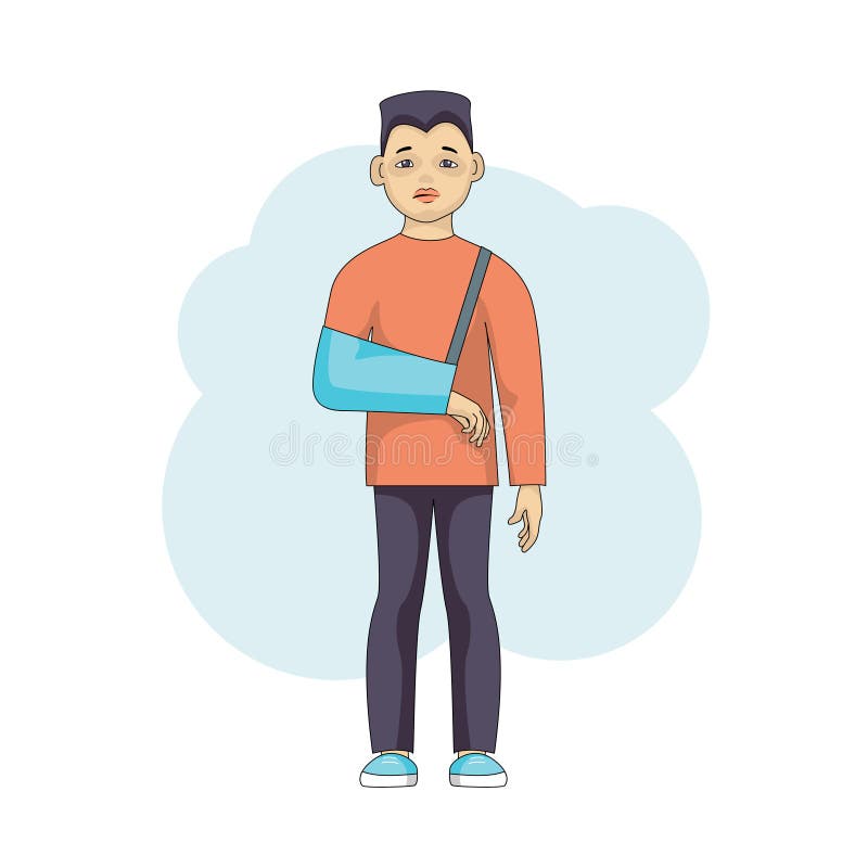 Carácter masculino joven con un brazo herido en el yeso aislado stock de ilustración Carácter masculino joven con un brazo herido en el yeso aislado stock de ilustración