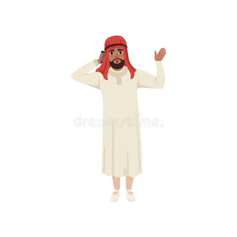 Carácter árabe del hombre de negocios que habla por pone y que agita su mano, hombre musulmán en el ejemplo tradicional del vecto stock de ilustración Carácter árabe del hombre de negocios que habla por pone y que agita su mano, hombre musulmán en el ejemplo tradicional del vecto stock de ilustración
