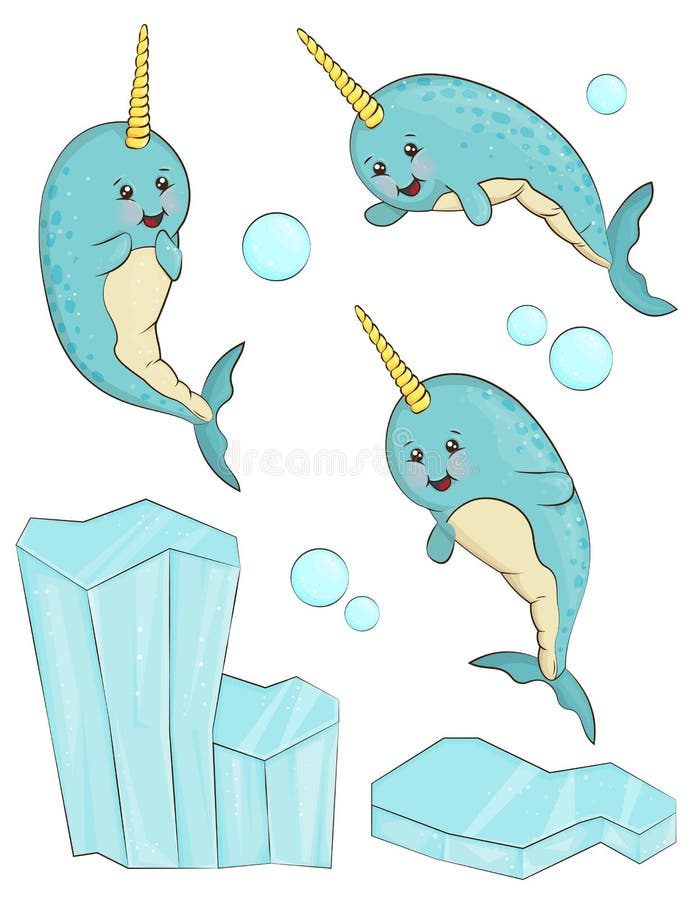 Caráter adorável dos peixes do narval ilustração royalty free Caráter adorável dos peixes do narval ilustração royalty free