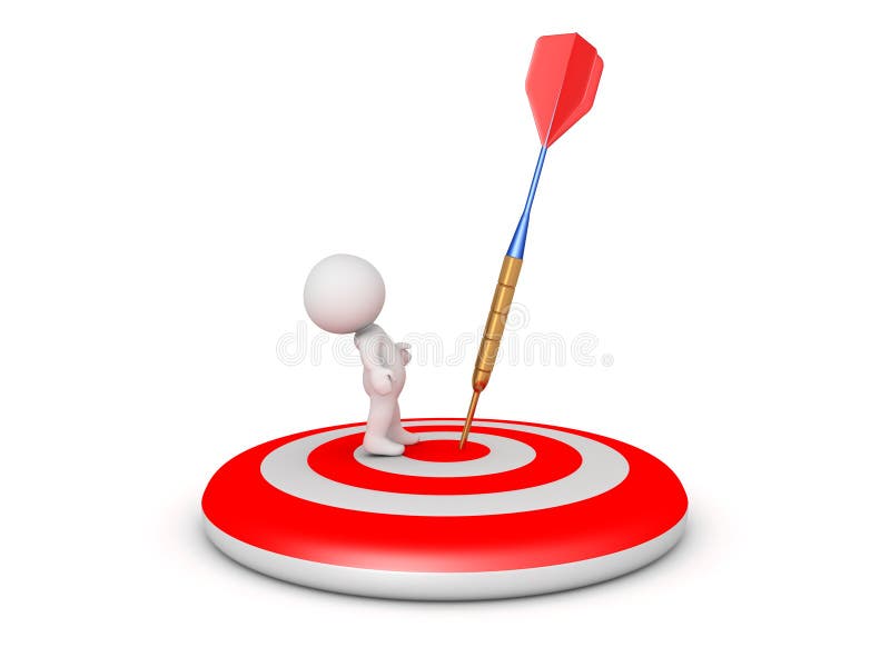 Personagem 3D em alvo com dardo próximo ilustração stock