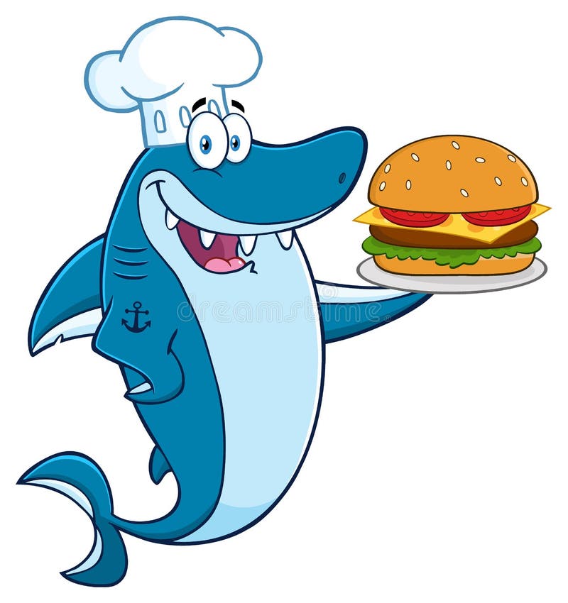 Caráter da mascote de Blue Shark Cartoon do cozinheiro chefe que guarda um hamburguer grande ilustração stock Caráter da mascote de Blue Shark Cartoon do cozinheiro chefe que guarda um hamburguer grande ilustração stock