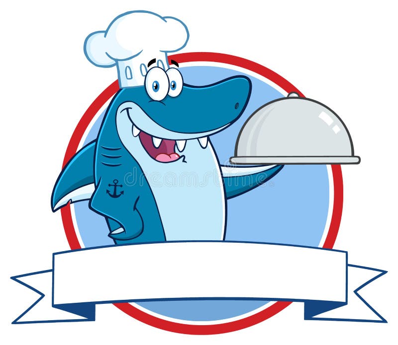 Caráter da mascote de Blue Shark Cartoon do cozinheiro chefe que guarda uma bandeja sobre uma bandeira da fita ilustração royalty free Caráter da mascote de Blue Shark Cartoon do cozinheiro chefe que guarda uma bandeja sobre uma bandeira da fita ilustração royalty free