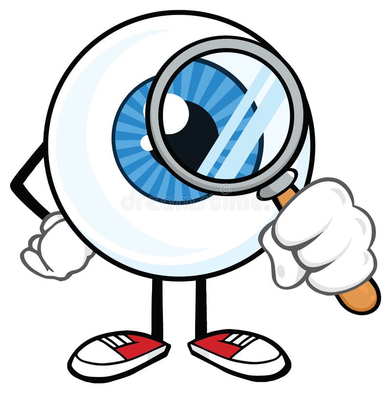 Caráter da mascote dos desenhos animados do globo ocular com uma lupa ilustração stock Caráter da mascote dos desenhos animados do globo ocular com uma lupa ilustração stock