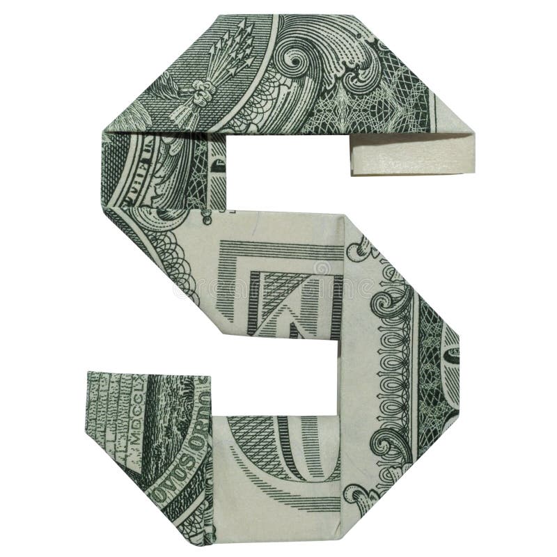 Caráter de letra origami de dinheiro dobrado com nota real de um dólar isolada em fundo branco