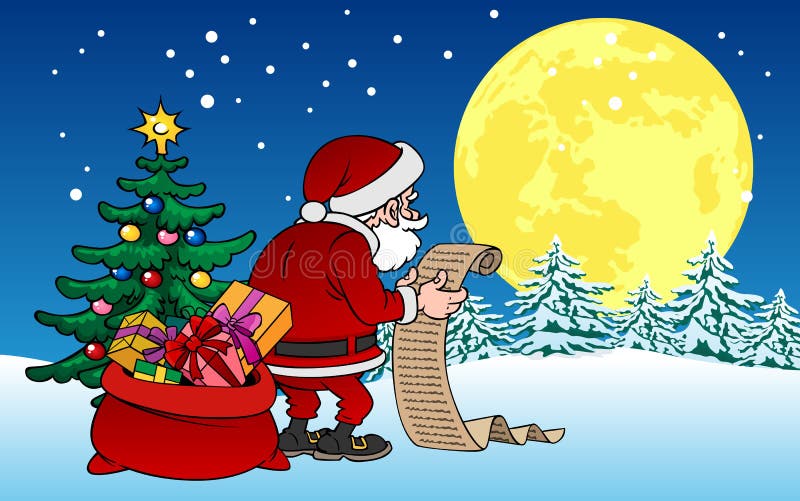 Caráter de Santa Claus dos desenhos animados com os presentes no fundo do Natal ilustração royalty free Caráter de Santa Claus dos desenhos animados com os presentes no fundo do Natal ilustração royalty free