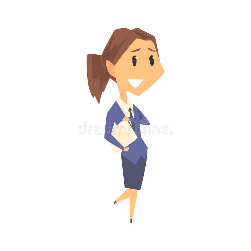 Caráter de sorriso da mulher de negócios no vestuário formal que está com originais, pessoa do negócio no vetor dos desenhos anim ilustração do vetor Caráter de sorriso da mulher de negócios no vestuário formal que está com originais, pessoa do negócio no vetor dos desenhos anim ilustração do vetor