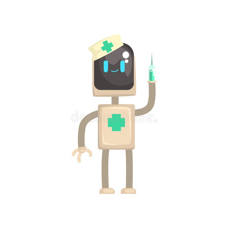 Caráter do doutor do robô, androide com a seringa em sua ilustração do vetor dos desenhos animados das mãos ilustração do vetor Caráter do doutor do robô, androide com a seringa em sua ilustração do vetor dos desenhos animados das mãos ilustração do vetor
