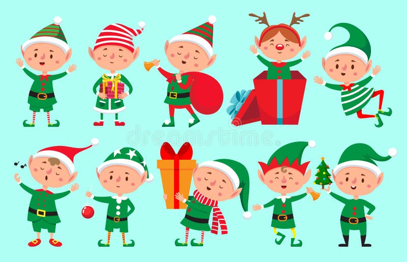 Christmas elf character. Santa Claus helpers cartoon, cute dwarf elves fun characters, santas helper, Xmas little green fantasy assistant winter 2019 vector isolated icons set. Christmas elf character. Santa Claus helpers cartoon, cute dwarf elves fun characters, santas helper, Xmas little green fantasy assistant winter 2019 vector isolated icons set