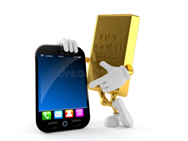 Personagem dourado com smartphone ilustração stock