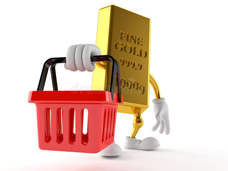 Caráter do ouro que guarda o cesto de compras ilustração stock