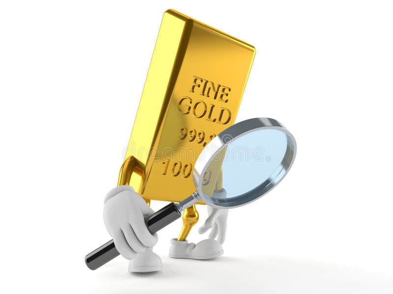 Caráter do ouro que olha através da lupa ilustração do vetor