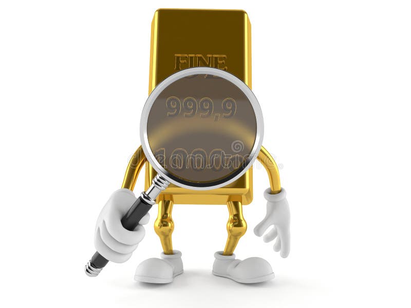 Caráter do ouro que olha através da lupa ilustração do vetor