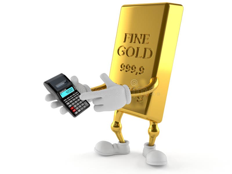 Caráter do ouro que usa a calculadora ilustração stock