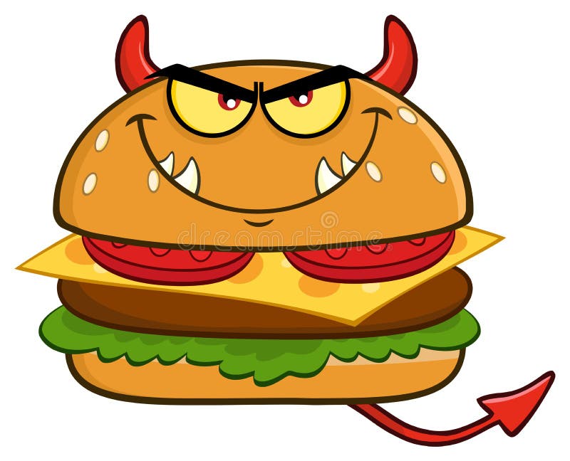 Caráter irritado da mascote dos desenhos animados do hamburguer do diabo ilustração royalty free Caráter irritado da mascote dos desenhos animados do hamburguer do diabo ilustração royalty free