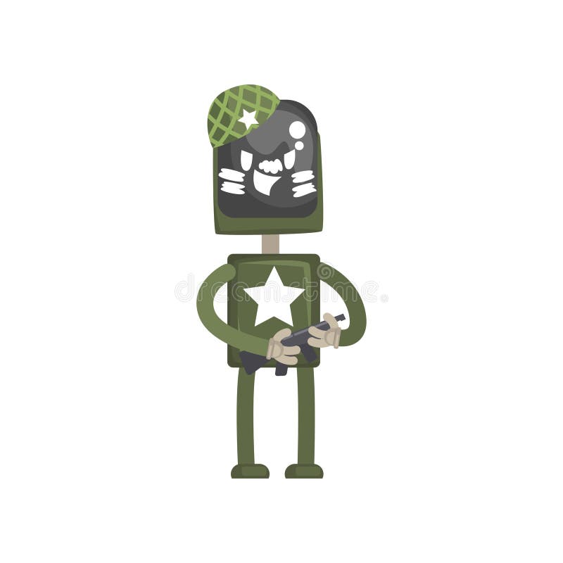 Caráter militar do robô, androide no uniforme verde que está com a máquina automática em seu vetor dos desenhos animados das mãos ilustração stock Caráter militar do robô, androide no uniforme verde que está com a máquina automática em seu vetor dos desenhos animados das mãos ilustração stock