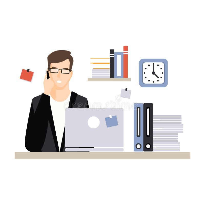 Caráter novo do homem de negócios que senta-se na mesa do computador com portátil e que fala pelo telefone, dia a dia do empregad ilustração do vetor Caráter novo do homem de negócios que senta-se na mesa do computador com portátil e que fala pelo telefone, dia a dia do empregad ilustração do vetor
