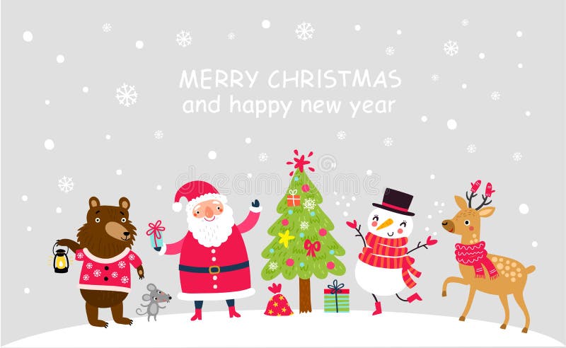 Caráteres bonitos Fundo do vetor do Natal Santa e amigos ilustração royalty free Caráteres bonitos Fundo do vetor do Natal Santa e amigos ilustração royalty free
