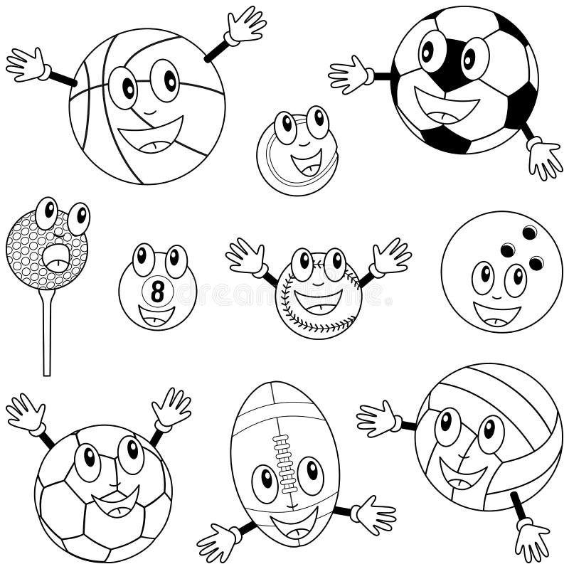 Caráteres das esferas do esporte da coloração ilustração stock Caráteres das esferas do esporte da coloração ilustração stock