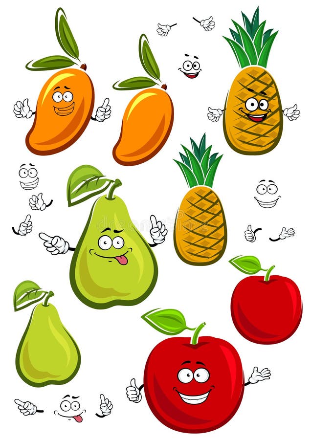 Caráteres dos frutos de Apple, da manga, do abacaxi e da pera ilustração royalty free Caráteres dos frutos de Apple, da manga, do abacaxi e da pera ilustração royalty free