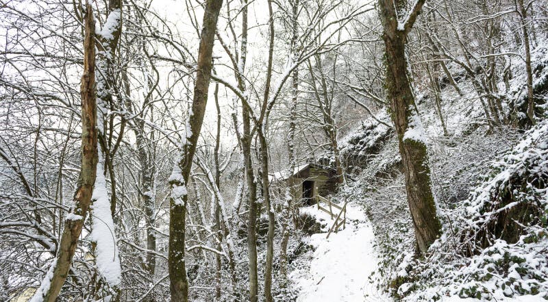 Casa abandonada cubierta en nieve. Casa abandonada nevada en una pista de senderismo a lo largo del Ardenas Luxemburgo