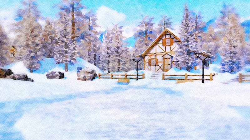 Casa alpina de la montaña en el día de invierno en acuarela