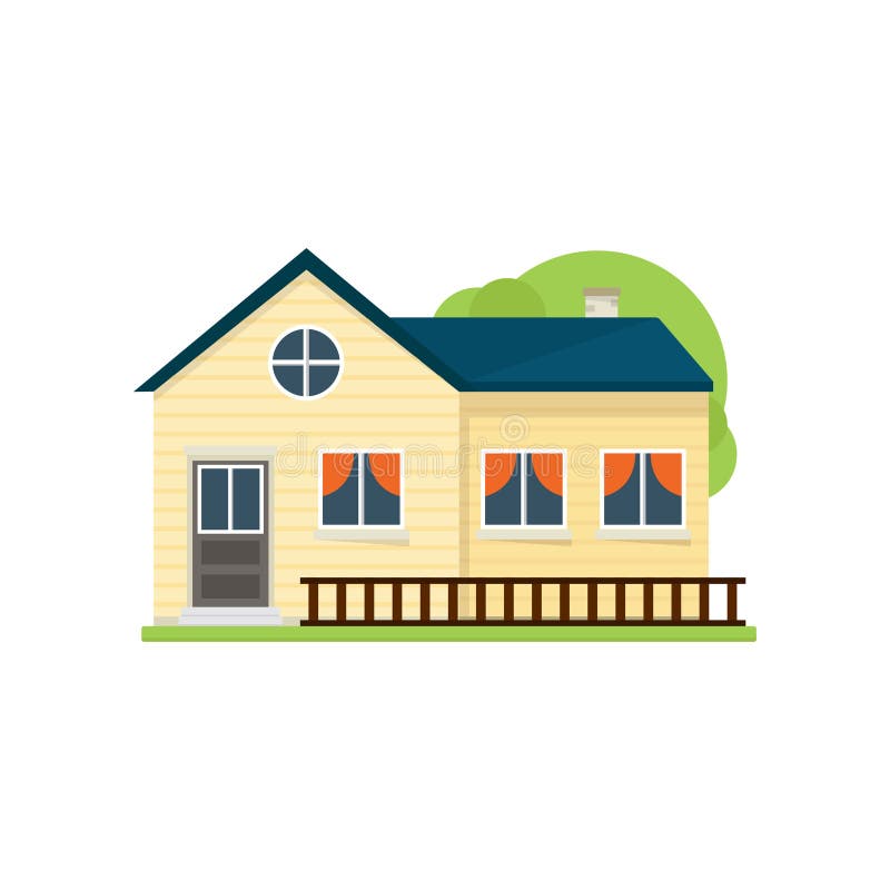 Casa americana amarela bonito com a cerca de madeira perto da grama ilustração do vetor Casa americana amarela bonito com a cerca de madeira perto da grama ilustração do vetor