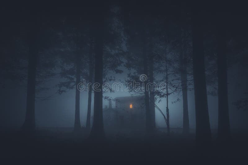 Casa asustadiza en bosque misterioso del horror en la noche