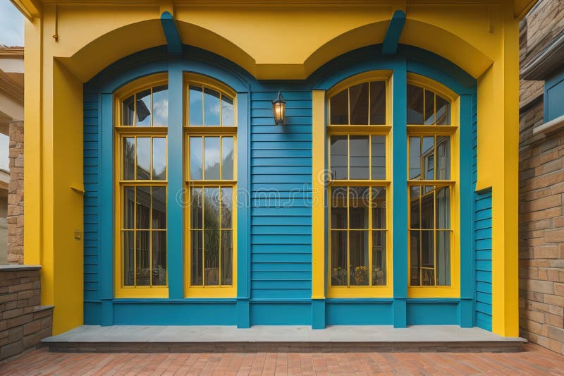 Casa colorida de madera con ventanas y persianas amarillas y azules. ai generativo stock de ilustración