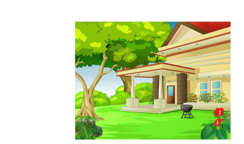 Casa Com Yard E Cartoon De Árvores