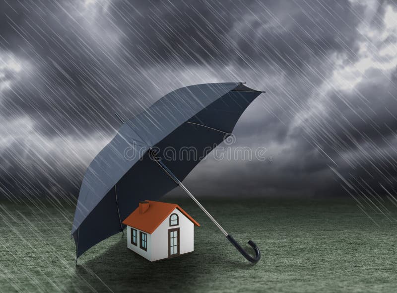 Casa da coberta do guarda-chuva sob a chuva pesada