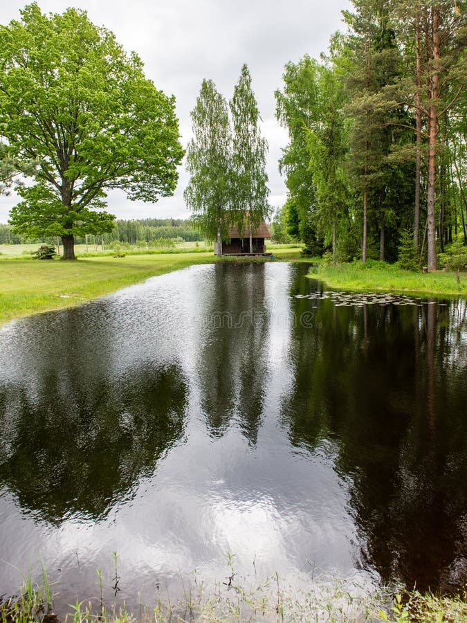 Casa de campo com lagoa e carvalhos com lagoa imagens de stock royalty free