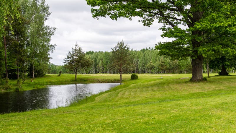 Casa de campo com lagoa e carvalhos com lagoa foto de stock royalty free