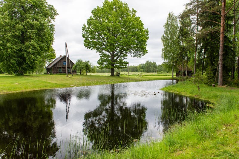 Casa de campo com lagoa e carvalhos com lagoa imagem de stock