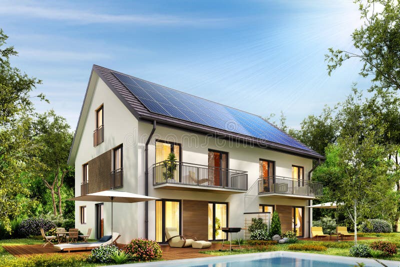 Casa de campo con los paneles solares en el tejado y una terraza y una piscina imagen de archivo Casa de campo con los paneles solares en el tejado y una terraza y una piscina imagen de archivo