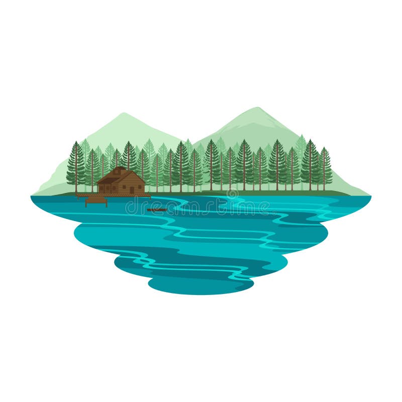 Casa de campo da cabana da cabine no lago e no verão de Mountain View e na paisagem de acampamento da mola ilustração royalty free Casa de campo da cabana da cabine no lago e no verão de Mountain View e na paisagem de acampamento da mola ilustração royalty free