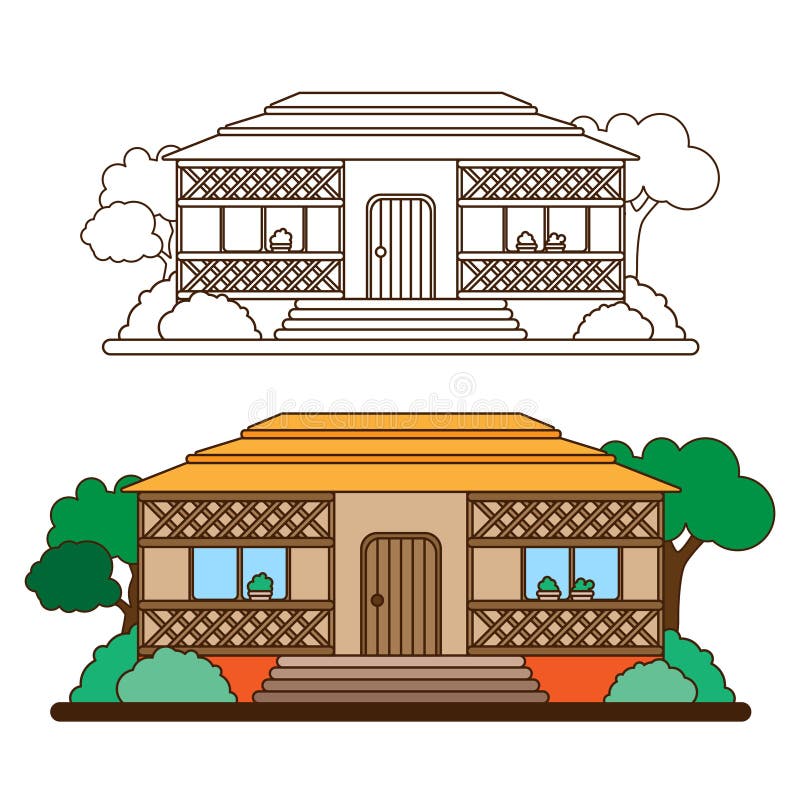 Casa de campo en el bosque o en el campo Cabaña entre árboles en estilo de la historieta L?nea estilo plana libre illustration Casa de campo en el bosque o en el campo Cabaña entre árboles en estilo de la historieta L?nea estilo plana libre illustration