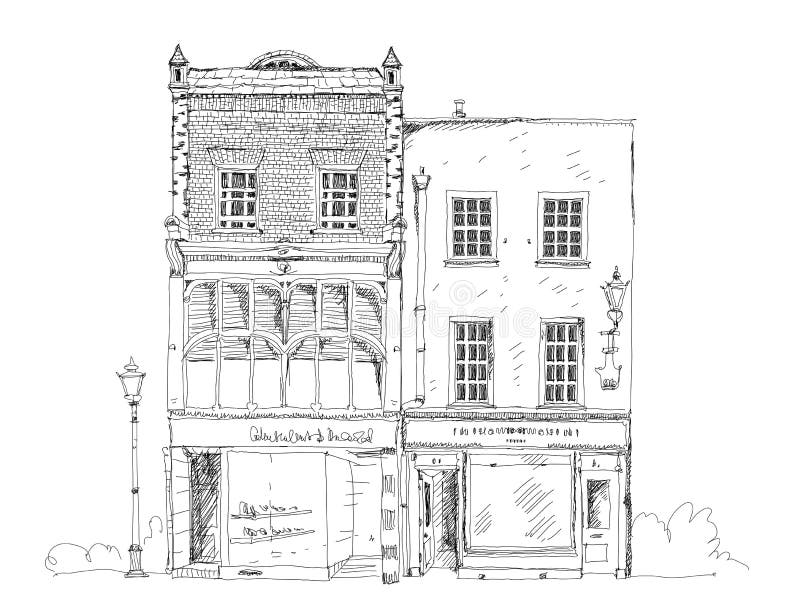 Casa de ciudad inglesa vieja con la pequeña tienda o negocio en la planta Colección del bosquejo ilustración del vector Casa de ciudad inglesa vieja con la pequeña tienda o negocio en la planta Colección del bosquejo ilustración del vector