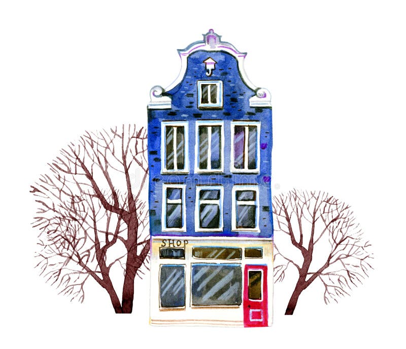 Casa de Europa vieja de la piedra de la acuarela azul Edificio de Amsterdam con los árboles Ejemplo dibujado mano de la historiet libre illustration Casa de Europa vieja de la piedra de la acuarela azul Edificio de Amsterdam con los árboles Ejemplo dibujado mano de la historiet libre illustration