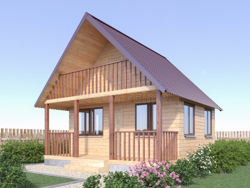 Casa de madera o sauna del pueblo en el exterior del jardín 3d rinden ilustración del vector Casa de madera o sauna del pueblo en el exterior del jardín 3d rinden ilustración del vector