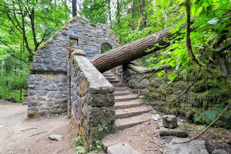 Abandoned stone castle house at Wildwood Trail in Forest Park Portland Oregon. Abandoned stone castle house at Wildwood Trail in Forest Park Portland Oregon