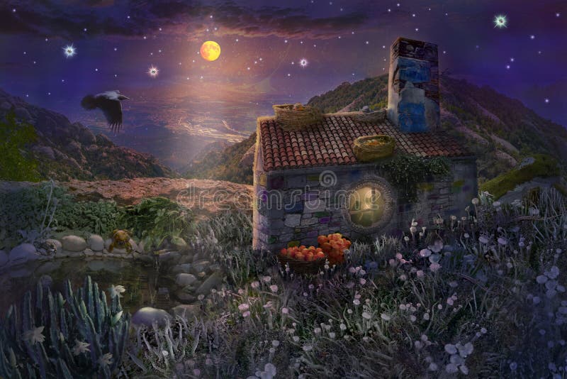 Casa de piedra de hadas con las jerarquías en el tejado y charca con las ranas en bosque mágico de la noche estrellada con la lun ilustración del vector Casa de piedra de hadas con las jerarquías en el tejado y charca con las ranas en bosque mágico de la noche estrellada con la lun ilustración del vector